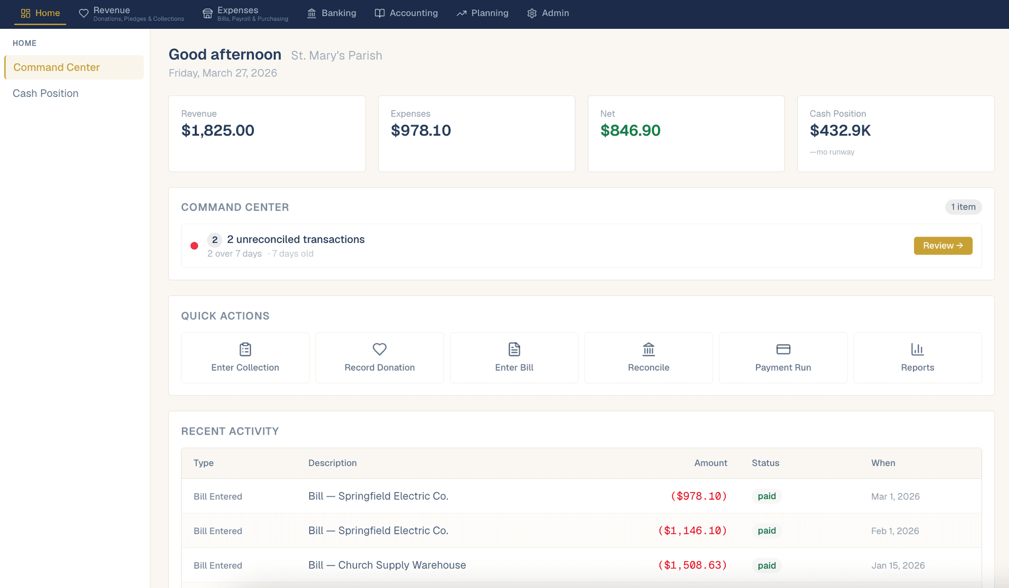 OCM Financial Command Center dashboard showing revenue, expenses, and quick actions